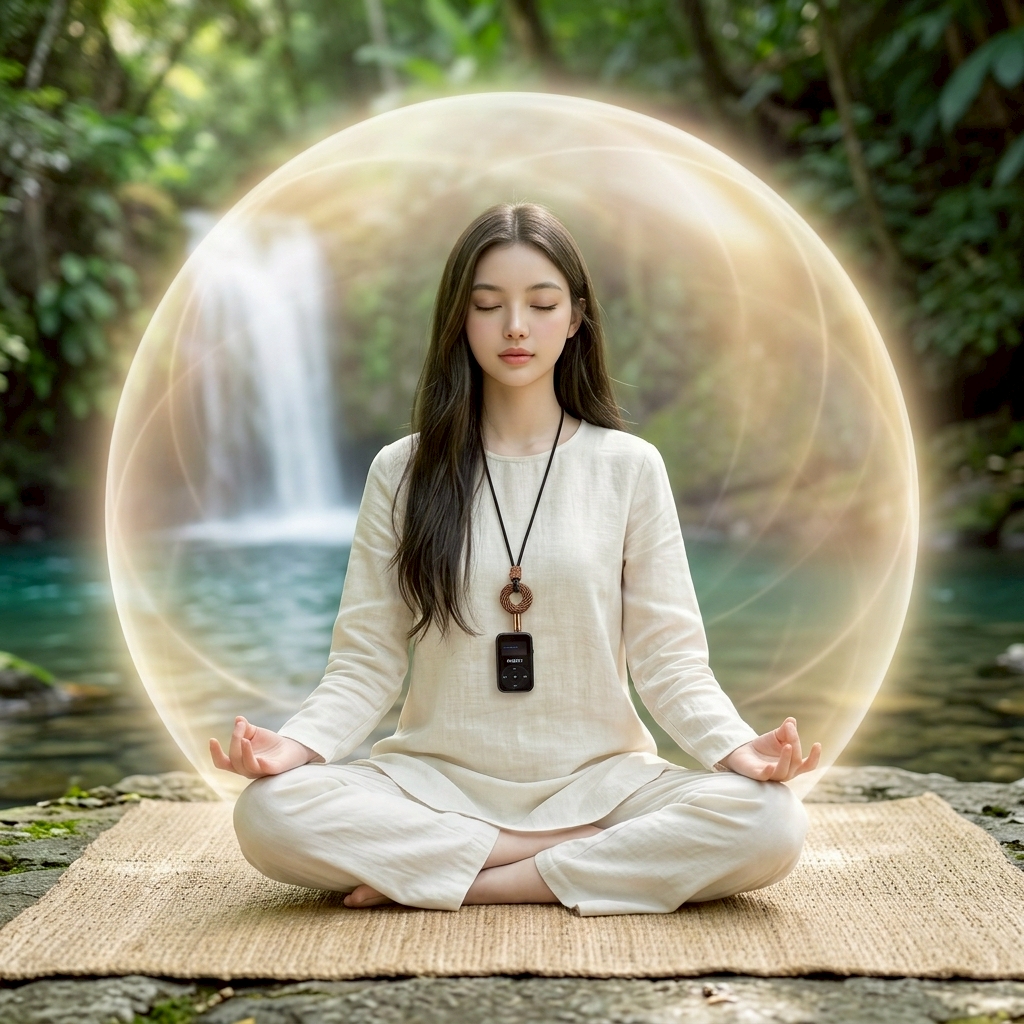 Woman meditating beside a waterfall wearing the Orgononic Micro Vortex Coil pendant